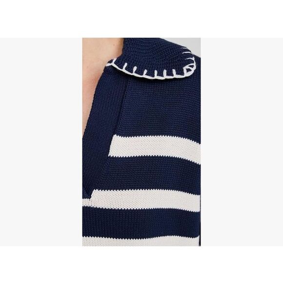 NEW Blue V Neck Striped Oversized Collared Chunky Knit Pullover Sweater m - Picture 6 of 7